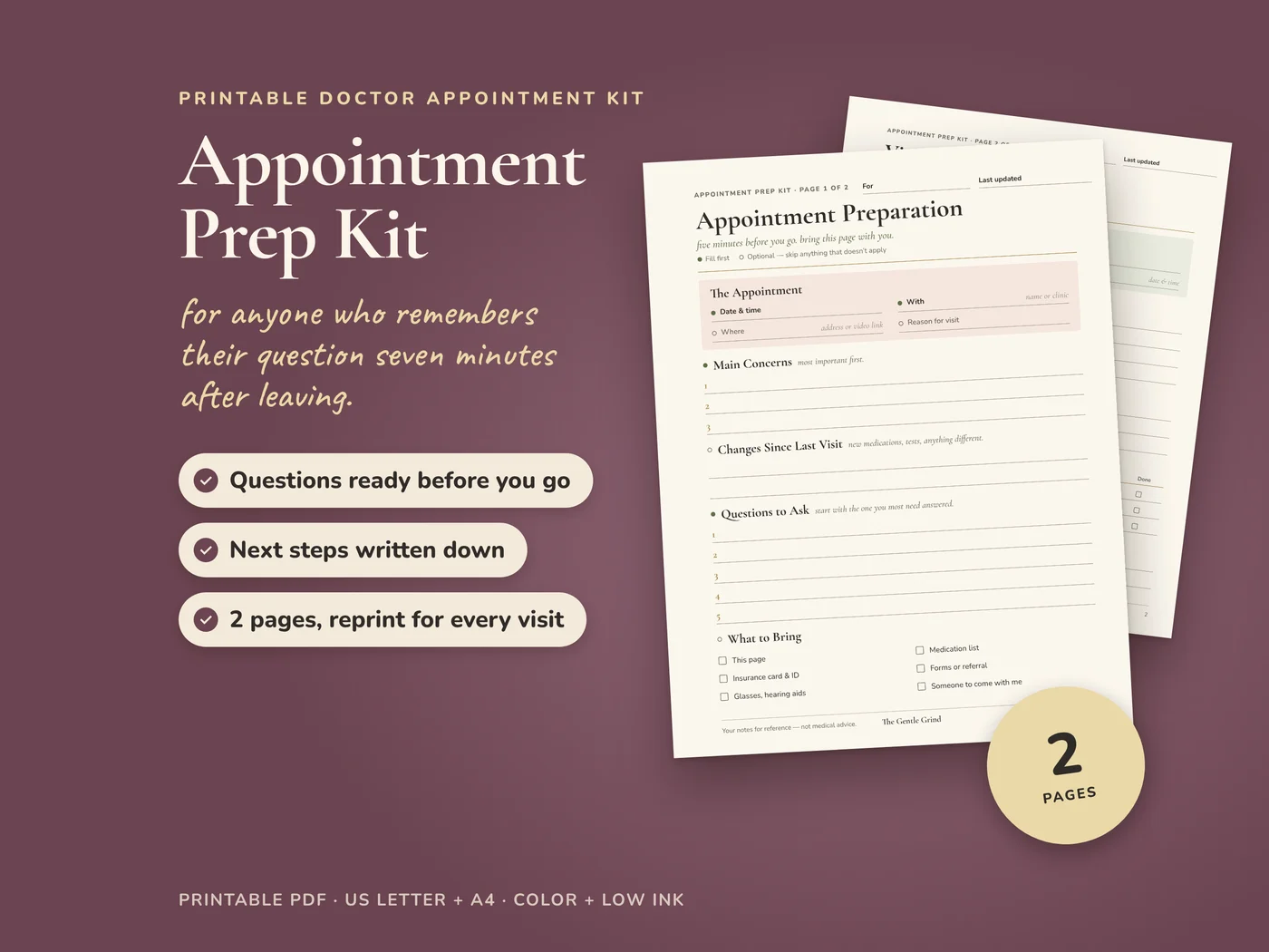 Doctor Appointment Prep Kit printable cover on a deep mauve background showing the Appointment Preparation page