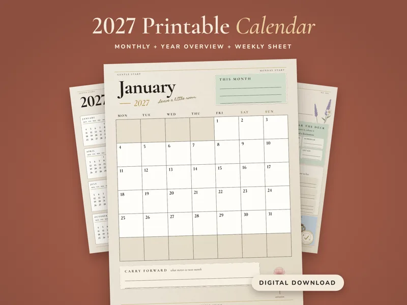 Gentle Start 2027 printable calendar kit with the January page and year overview