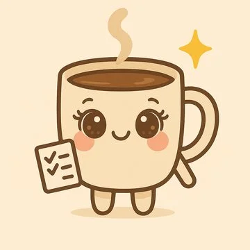 Grindy, a smiling coffee mug holding a checklist
