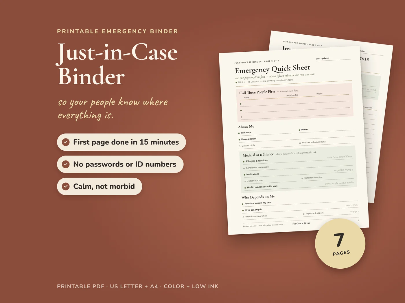 Just-in-Case Binder printable cover on a terracotta background showing the Emergency Quick Sheet page
