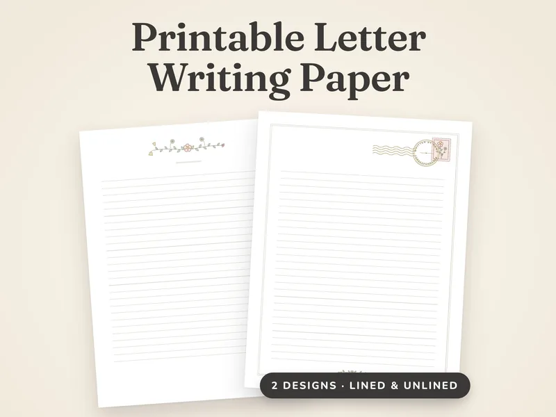 Two printable letter writing paper designs, a botanical garland page and a framed postmark page
