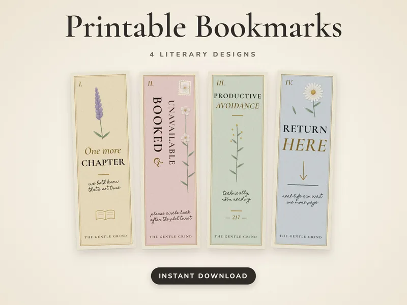 Four printable literary bookmarks with botanical illustrations