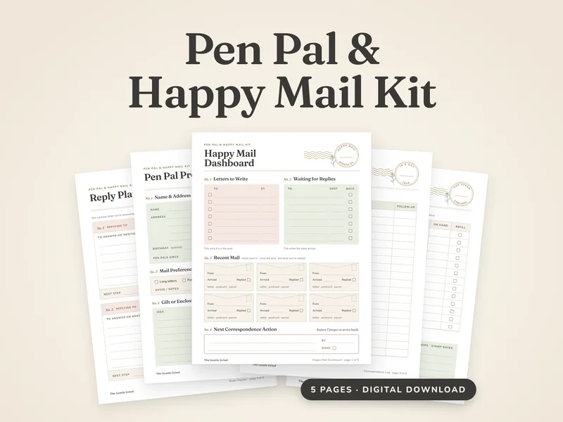 Pen Pal & Happy Mail Kit: five printable correspondence pages fanned out