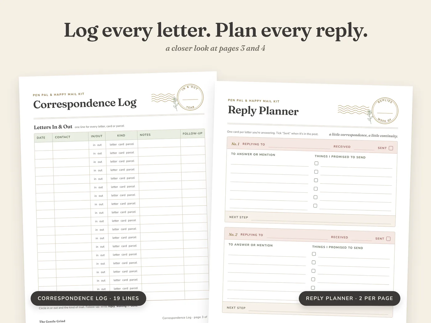 The Correspondence Log and Reply Planner pages from the Pen Pal & Happy Mail Kit