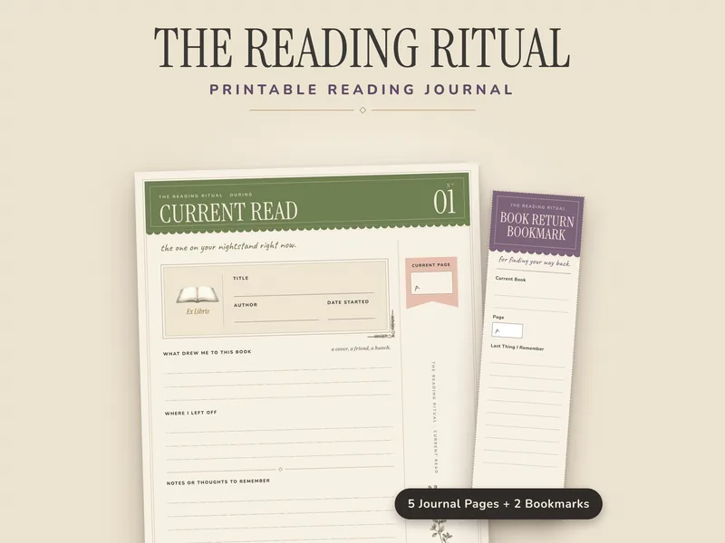 The Reading Ritual printable reading journal pages with a Book Return Bookmark