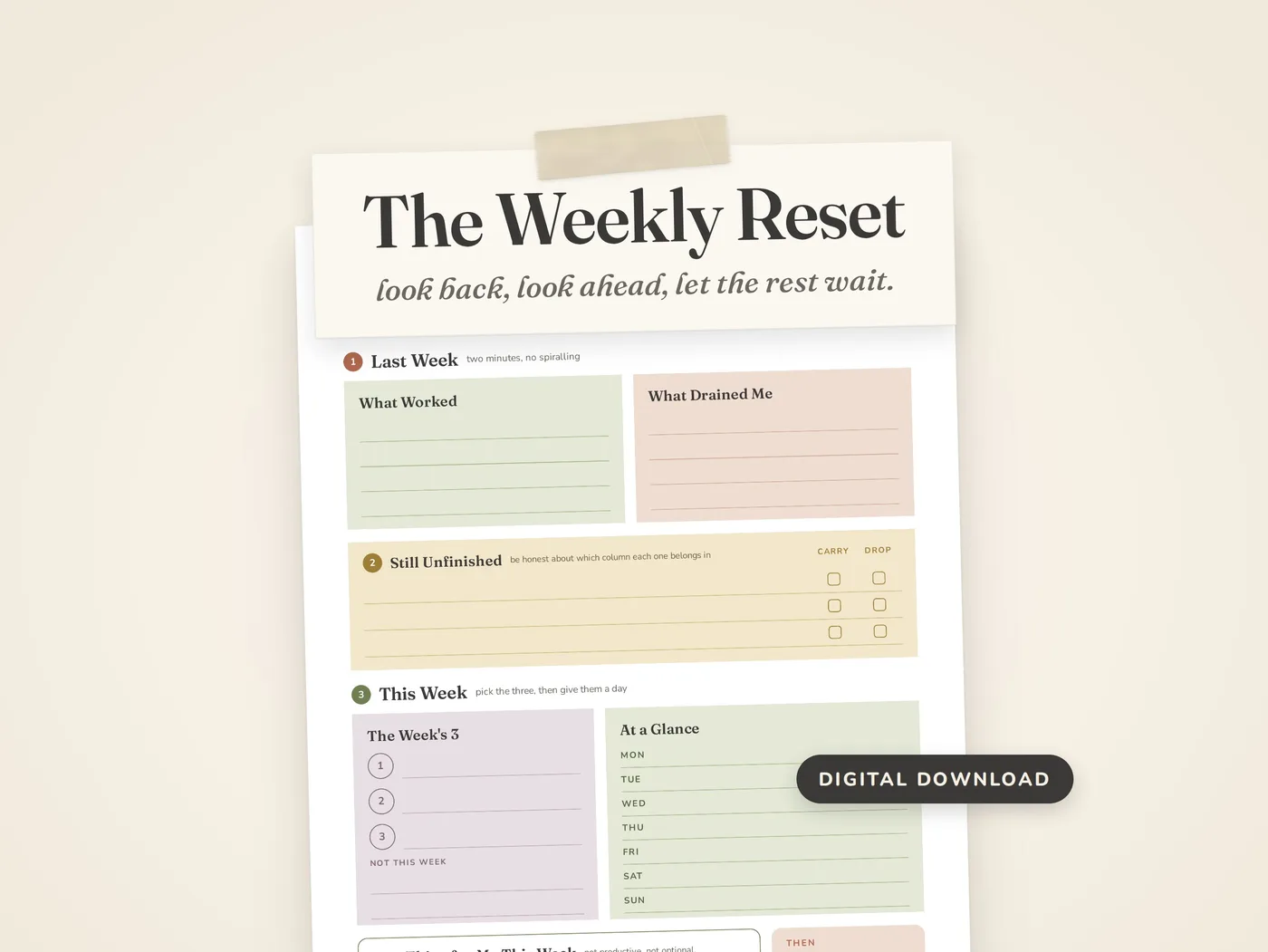 The Weekly Reset printable planning page from The Gentle Grind